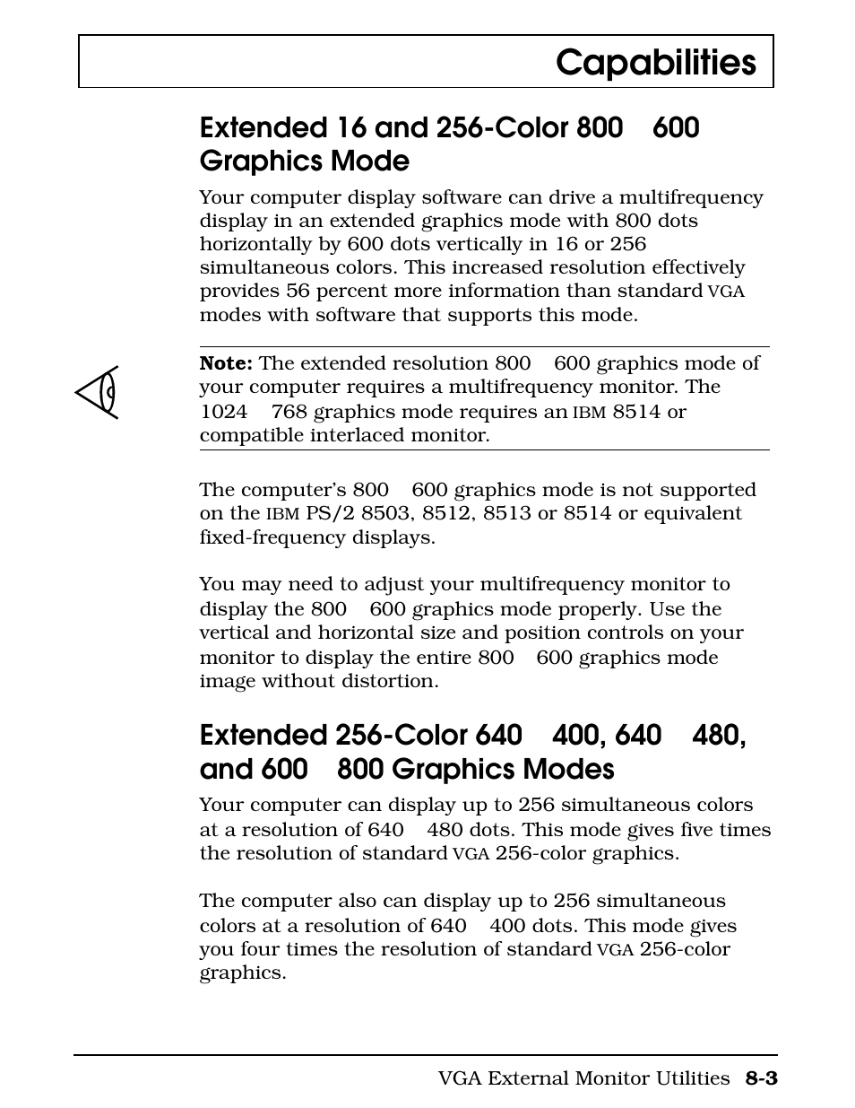Extended 16 and 256-color 800, Graphics, Mode -3 | Extended 256-color 640, 800 graphics modes -3, Capabilities | Texas Instruments 4000M User Manual | Page 150 / 295