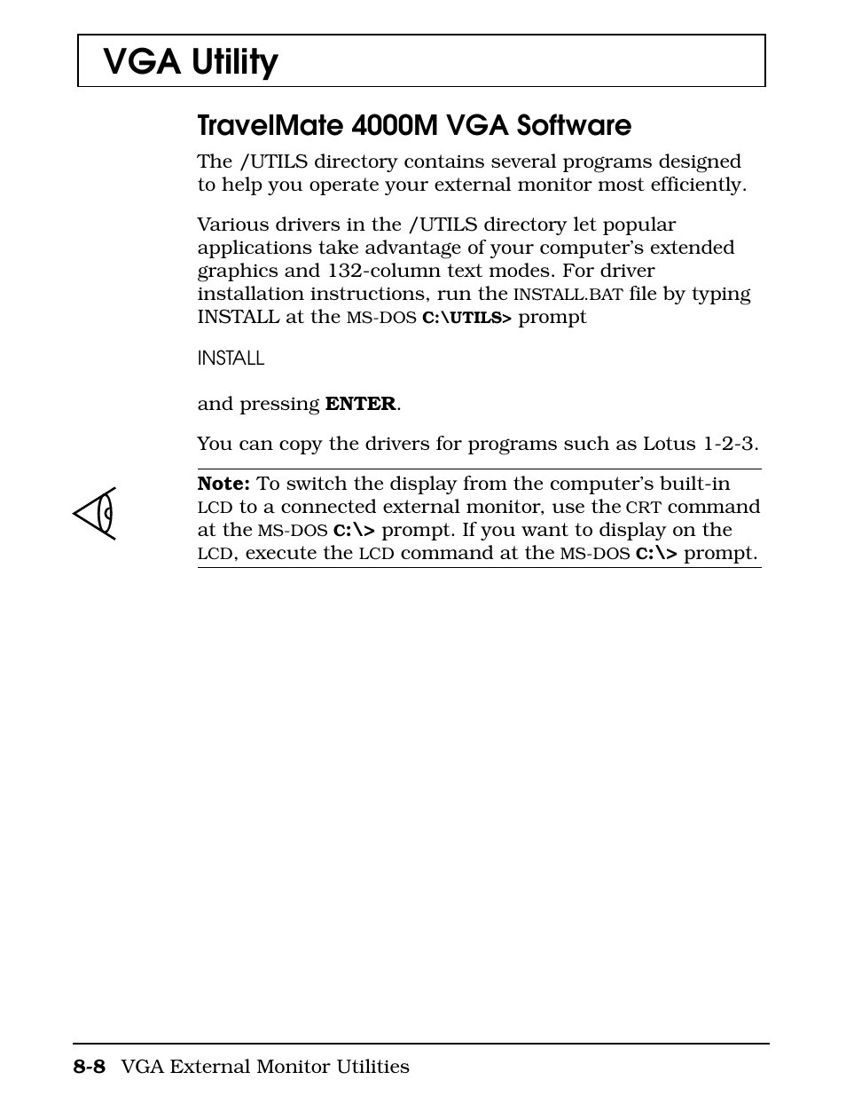 Travelmate 4000m vga software -8, Vga utility, Travelmate 4000m vga software | Texas Instruments 4000M User Manual | Page 155 / 295
