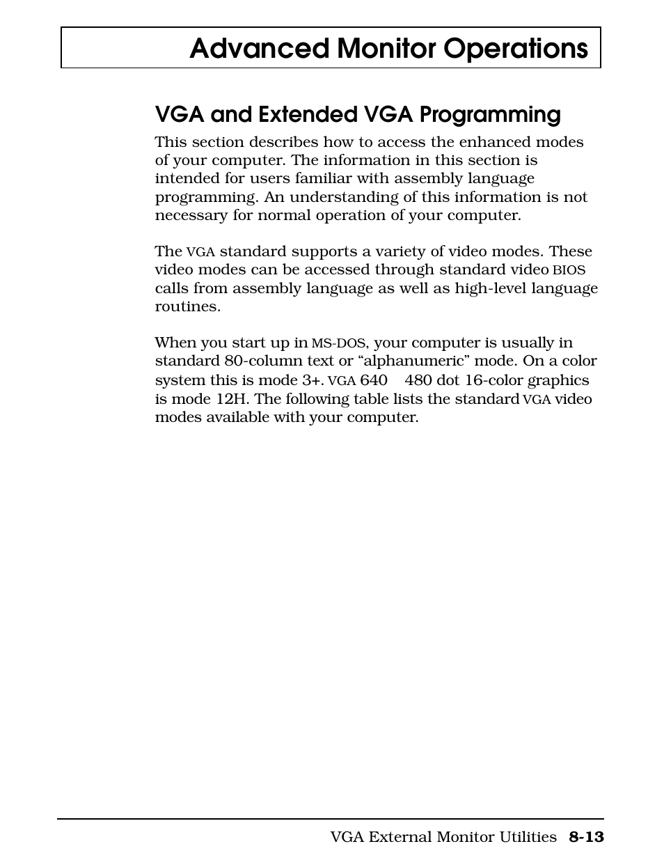 Advanced monitor operations, Vga and extended vga programming | Texas Instruments 4000M User Manual | Page 160 / 295