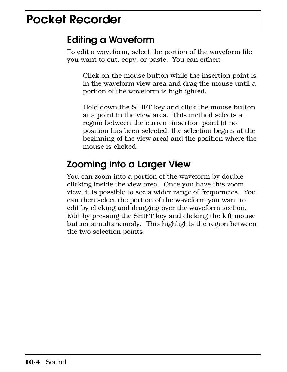 Editing a waveform, Zooming into a larger view, Pocket recorder | Texas Instruments 4000M User Manual | Page 180 / 295