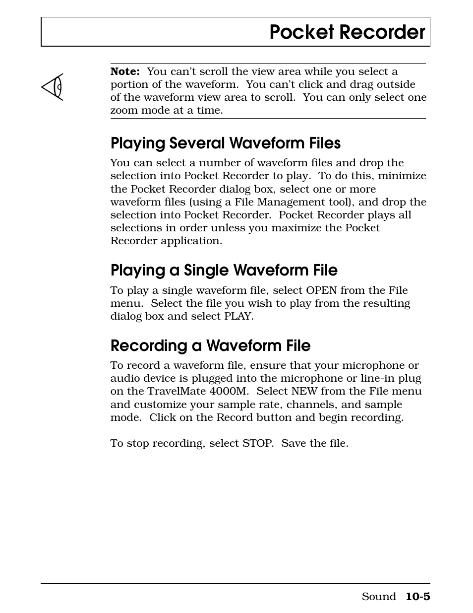 Playing several waveform files, Playing a single waveform file, Recording a waveform file | Pocket recorder | Texas Instruments 4000M User Manual | Page 181 / 295