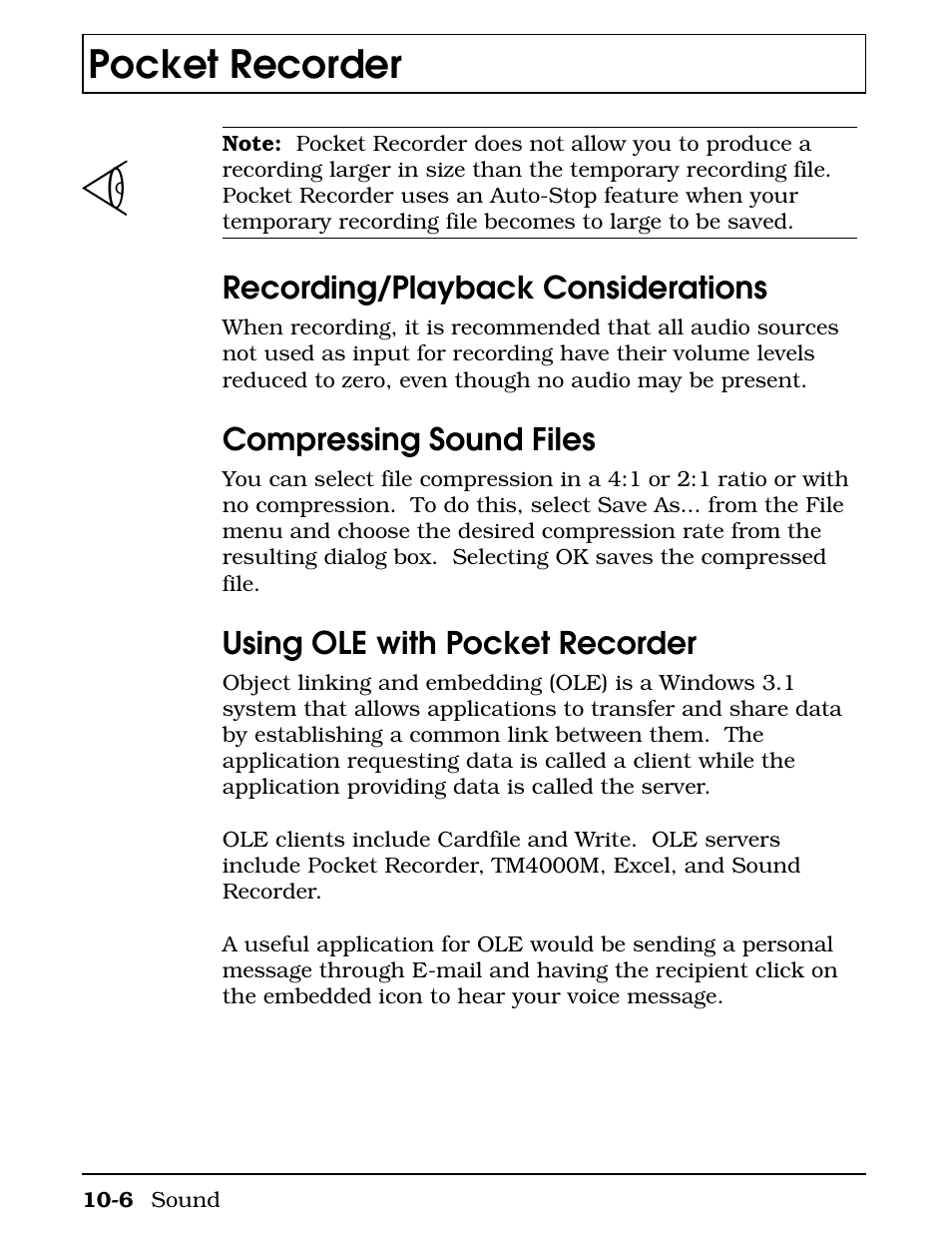 Recording/playback considerations, Compressing sound files, Using ole with pocket recorder | Pocket recorder | Texas Instruments 4000M User Manual | Page 182 / 295