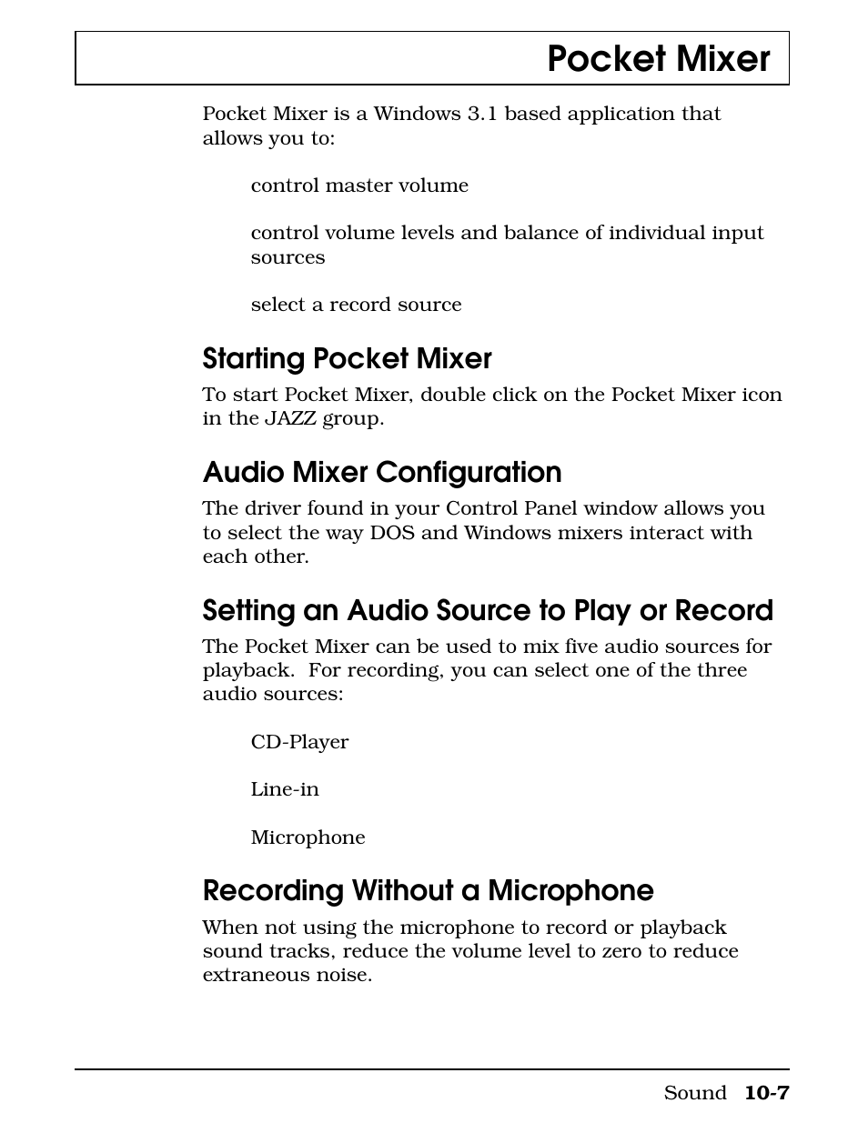Pocket mixer, Starting pocket mixer, Audio mixer configuration | Setting an audio source to play or record, Recording without a microphone | Texas Instruments 4000M User Manual | Page 183 / 295