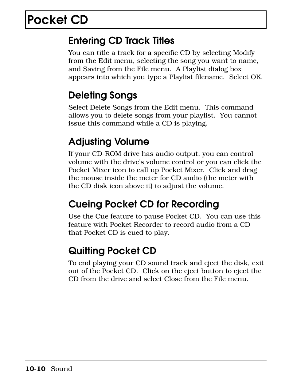 Entering cd track titles, Deleting songs, Adjusting volume | Cueing pocket cd for recording, Quitting pocket cd, Pocket cd | Texas Instruments 4000M User Manual | Page 186 / 295