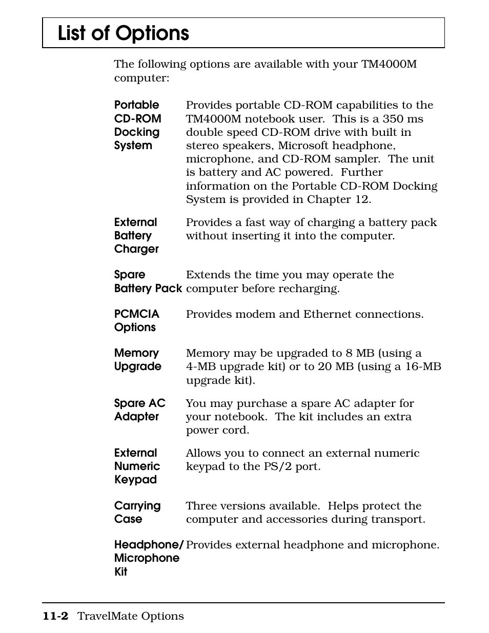 List of options | Texas Instruments 4000M User Manual | Page 188 / 295