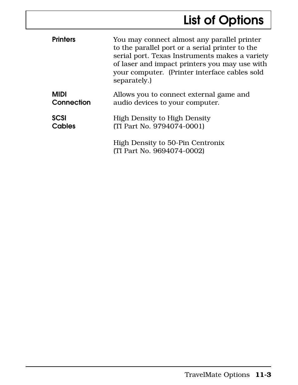 List of options | Texas Instruments 4000M User Manual | Page 189 / 295