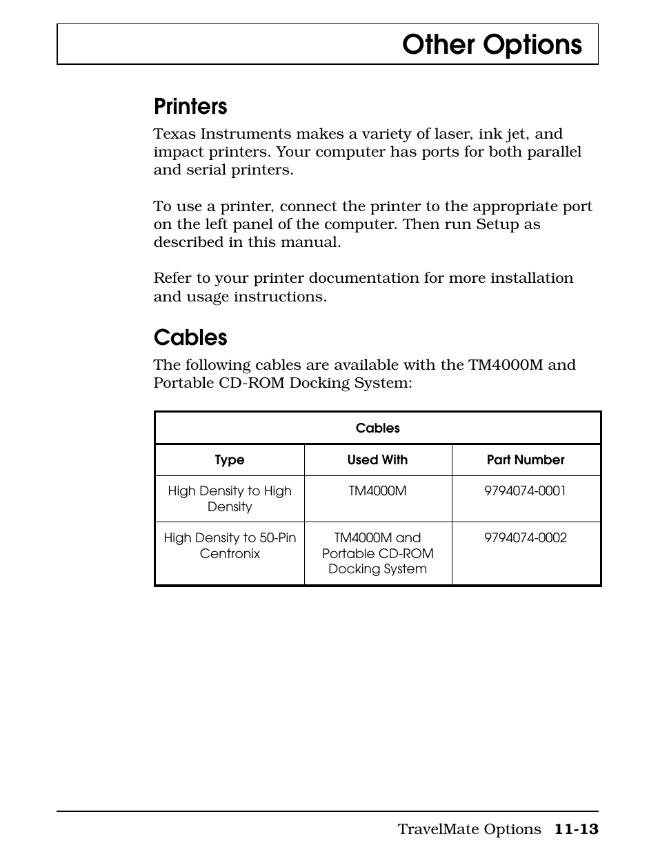 Other options, Printers, Cables | Texas Instruments 4000M User Manual | Page 199 / 295
