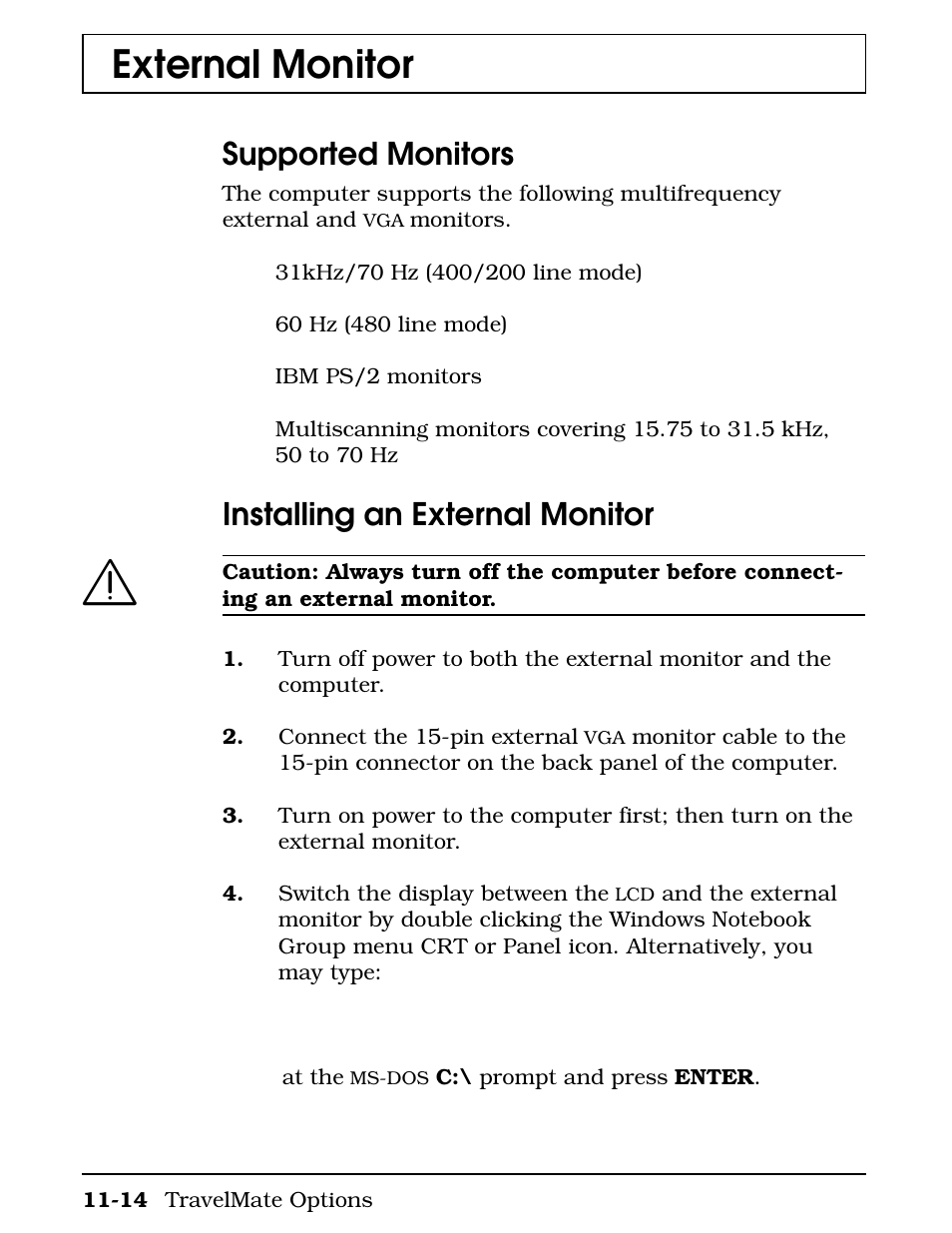 External monitor, Supported monitors, Installing an external monitor | Texas Instruments 4000M User Manual | Page 200 / 295