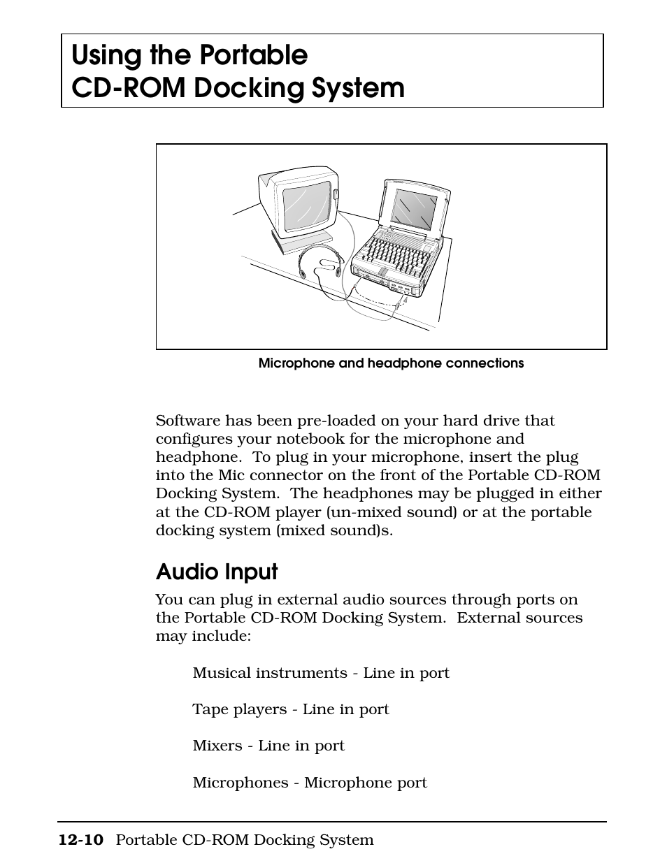 Audio input, Using the portable cd-rom docking system | Texas Instruments 4000M User Manual | Page 211 / 295