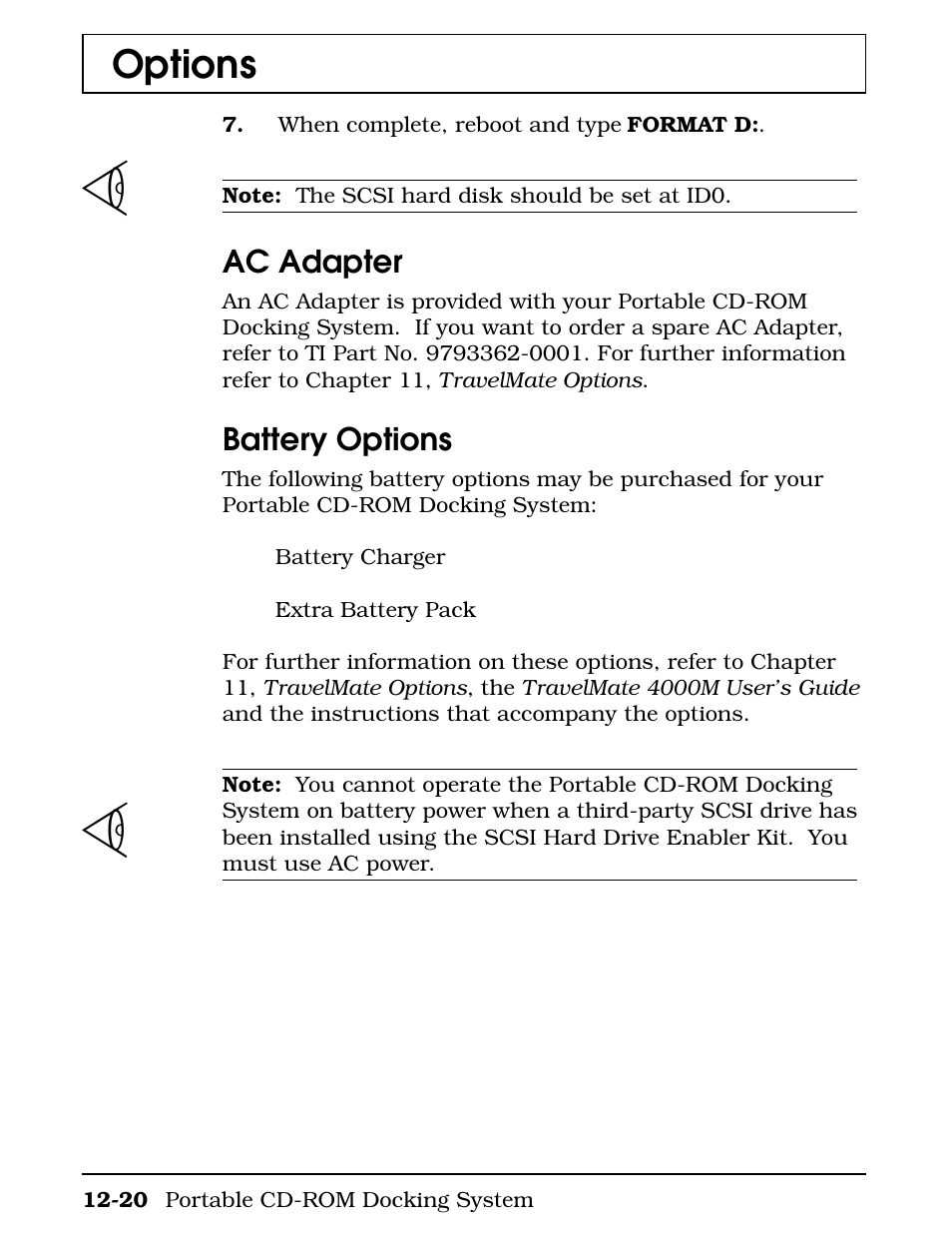 Ac adapter, Battery options, Options | Texas Instruments 4000M User Manual | Page 221 / 295