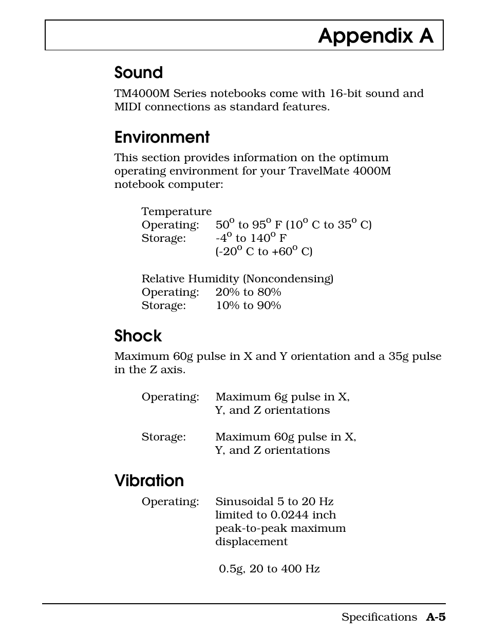 Appendix a, Sound, Environment | Shock, Vibration | Texas Instruments 4000M User Manual | Page 226 / 295