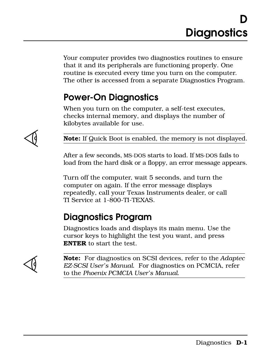 Diagnostics, Appendix d diagnostics, Ddiagnostics | Power-on diagnostics, Diagnostics program | Texas Instruments 4000M User Manual | Page 239 / 295
