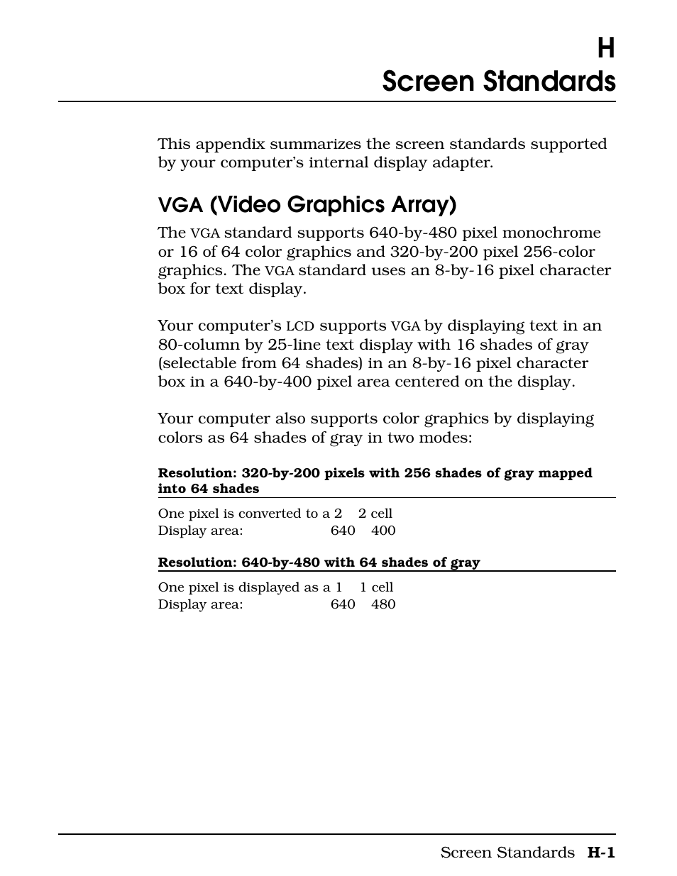 Screen standards, Appendix h screen standards, Hscreen standards | Video graphics array) | Texas Instruments 4000M User Manual | Page 267 / 295