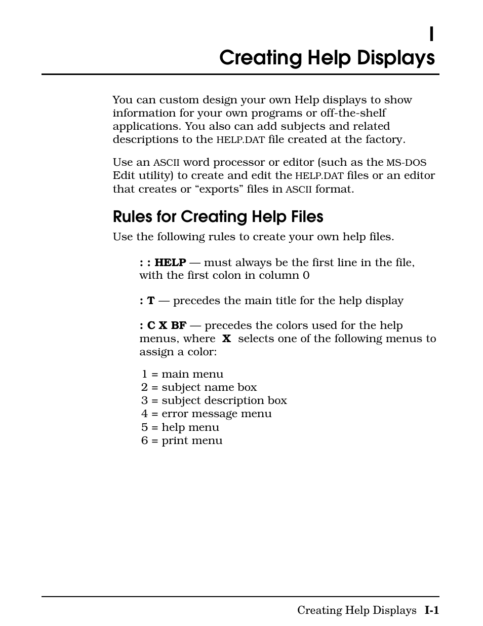 Creating help displays, Appendix i creating help displays, Icreating help displays | Rules for creating help files | Texas Instruments 4000M User Manual | Page 270 / 295