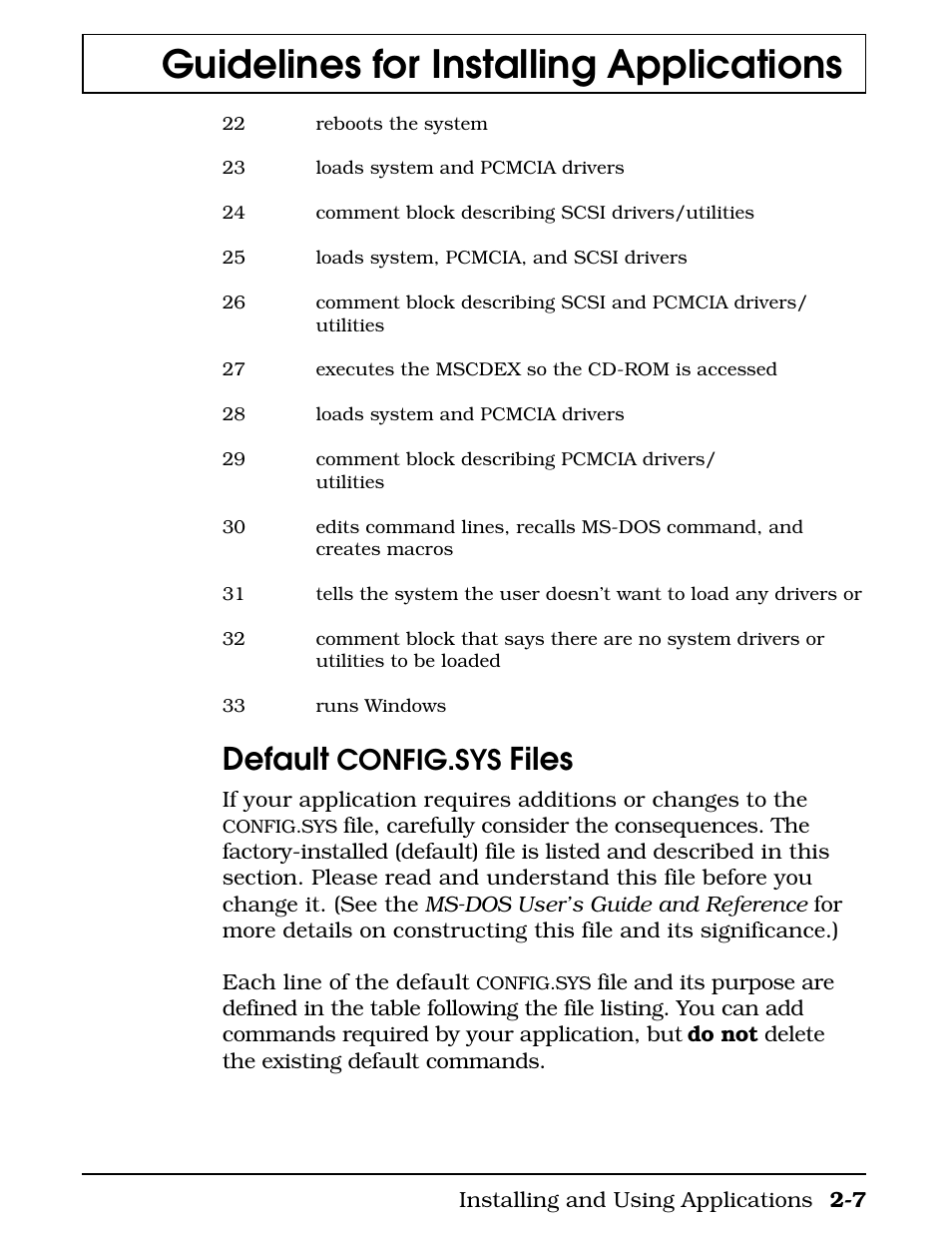 Default config.sys files, Guidelines for installing applications, Default | Files, Config.sys | Texas Instruments 4000M User Manual | Page 39 / 295