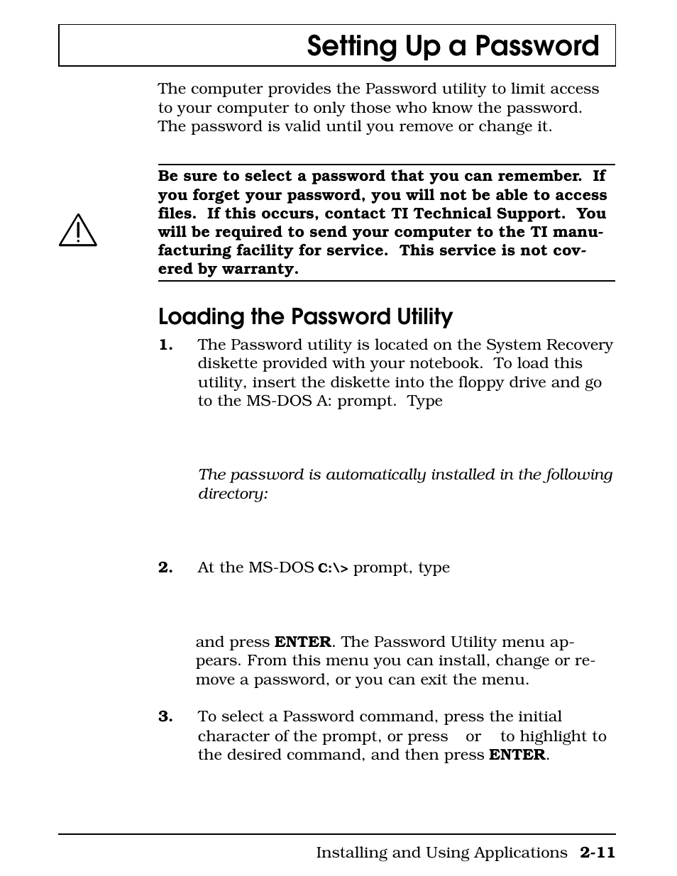 Setting up a password, Loading the password utility | Texas Instruments 4000M User Manual | Page 43 / 295
