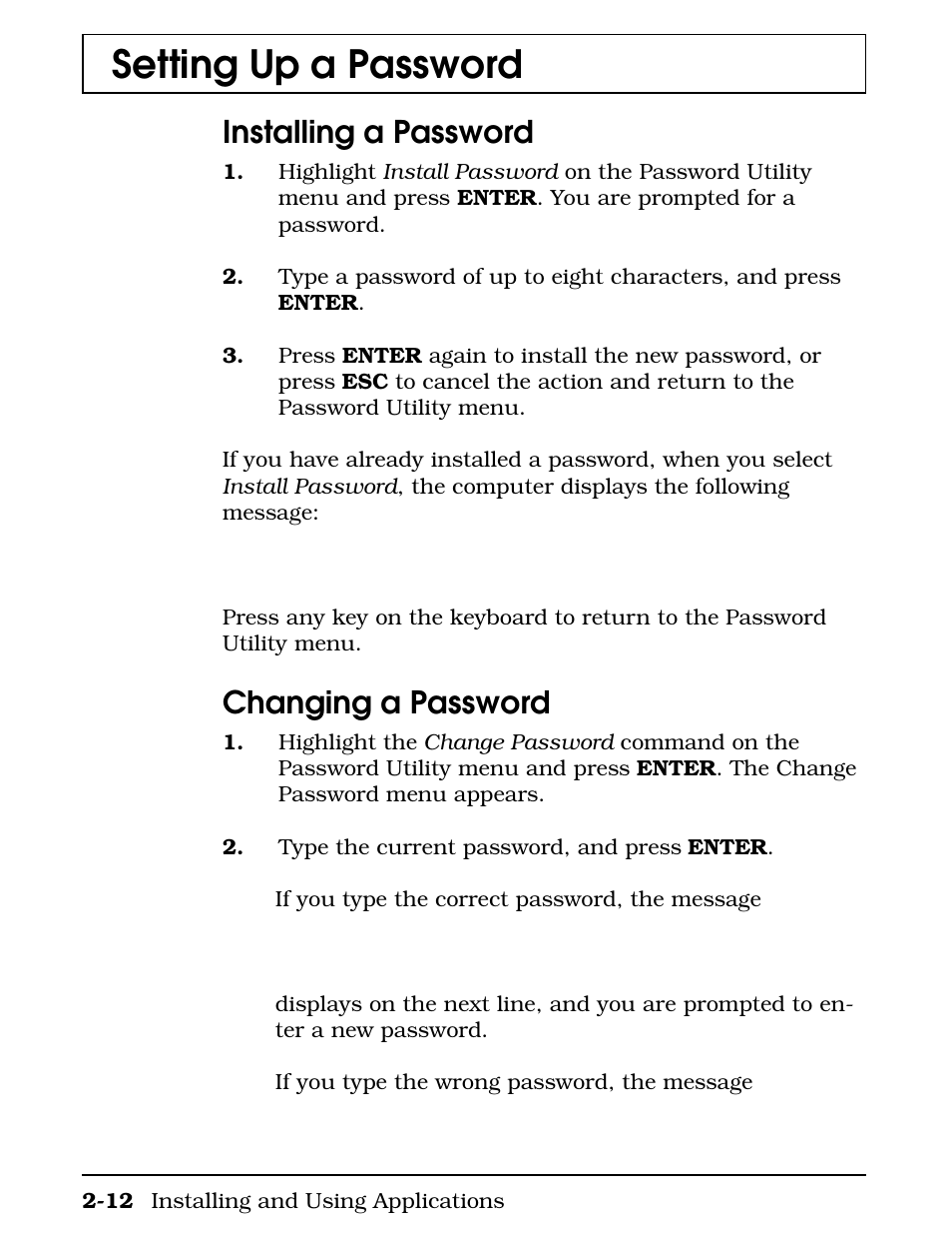 Installing a password, Changing a password, Setting up a password | Texas Instruments 4000M User Manual | Page 44 / 295