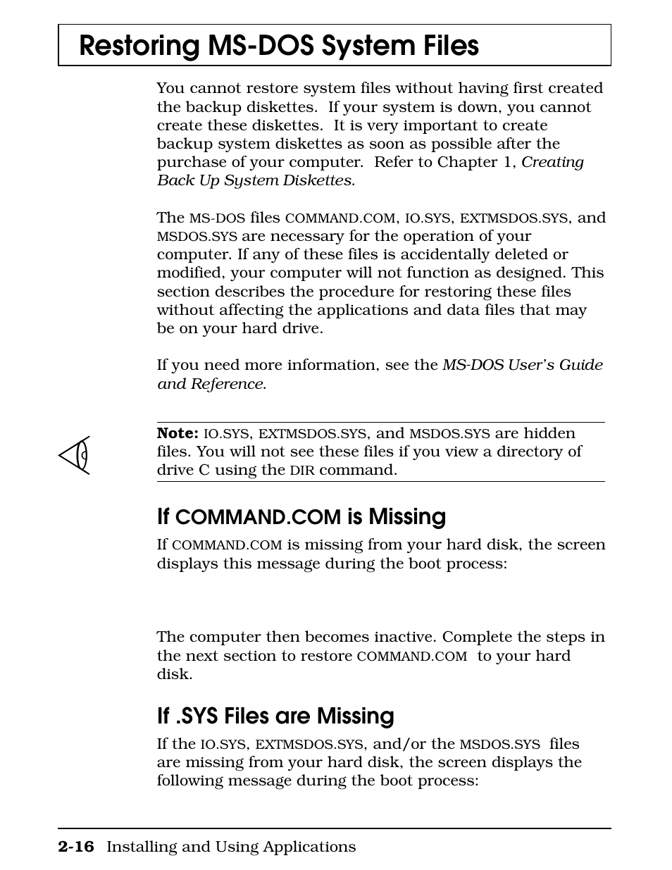 Restoring ms-dos system files, If command.com is missing, If .sys files are missing | Is missing | Texas Instruments 4000M User Manual | Page 48 / 295