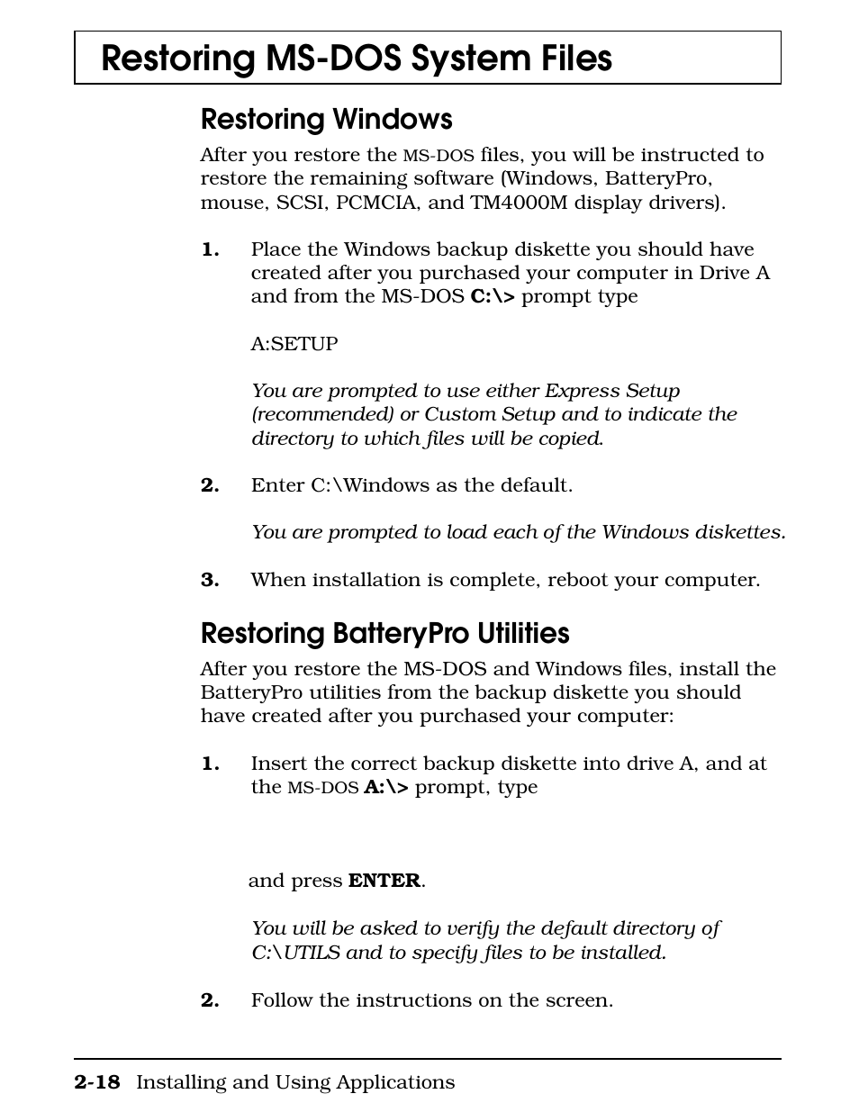 Restoring windows, Restoring batterypro utilities, Restoring ms-dos system files | Texas Instruments 4000M User Manual | Page 50 / 295