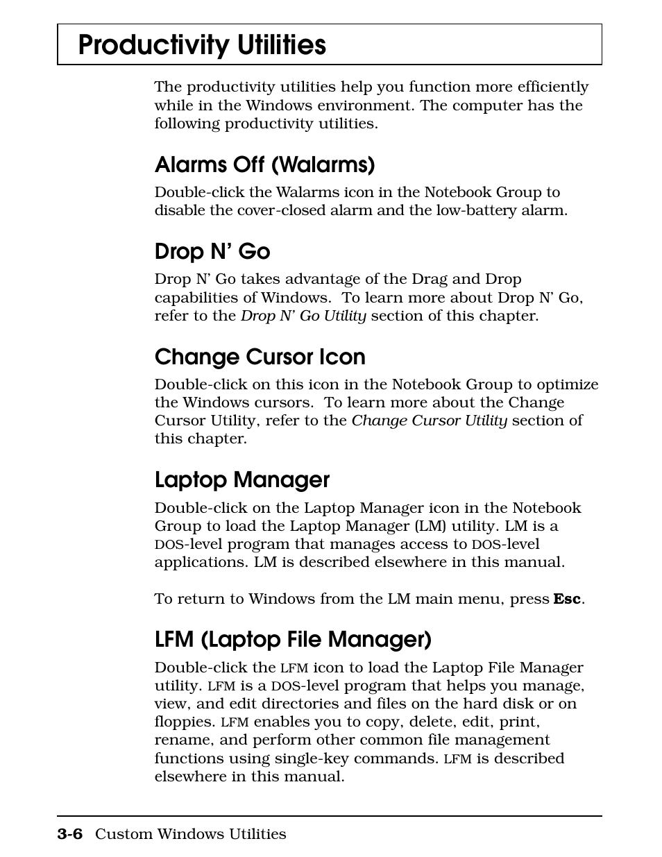 Productivity utilities, Alarms off (walarms), Drop n’ go | Change cursor icon, Laptop manager, Lfm (laptop file manager) | Texas Instruments 4000M User Manual | Page 57 / 295