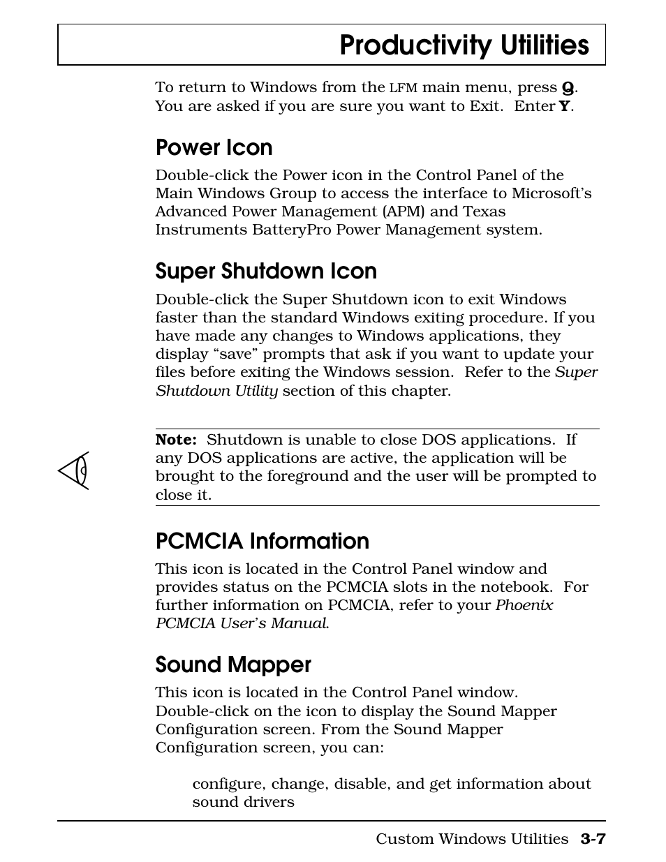 Power icon, Super shutdown icon, Pcmcia information | Sound mapper, Productivity utilities | Texas Instruments 4000M User Manual | Page 58 / 295