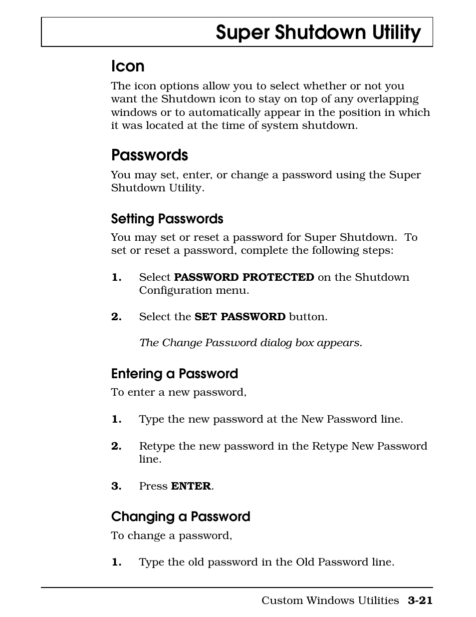 Icon, Passwords, Super shutdown utility | Texas Instruments 4000M User Manual | Page 72 / 295