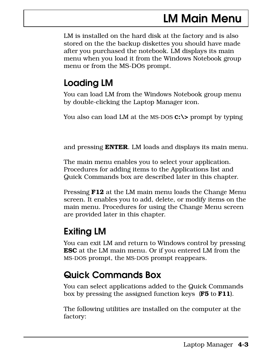 Lm main menu, Loading lm, Exiting lm | Quick commands box | Texas Instruments 4000M User Manual | Page 80 / 295