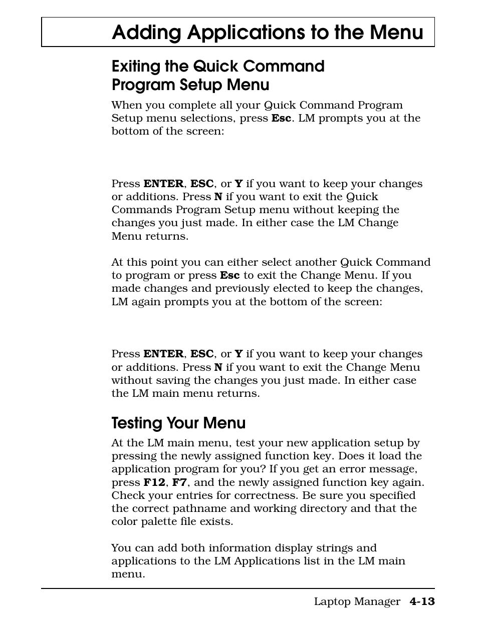 Exiting the quick command program setup menu, Testing your menu, Adding applications to the menu | Texas Instruments 4000M User Manual | Page 90 / 295