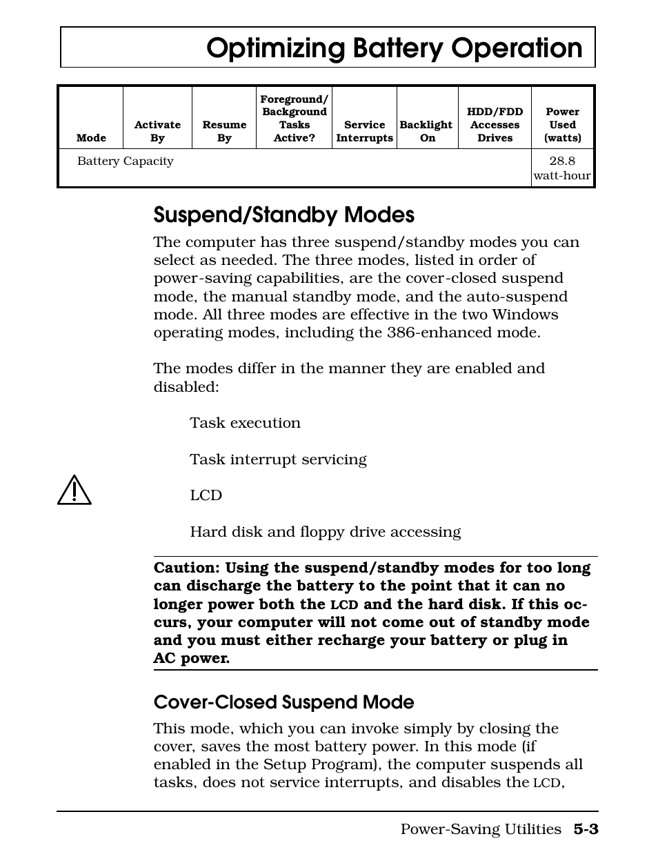 Suspend/standby modes, Optimizing battery operation, Cover-closed suspend mode | Texas Instruments 4000M User Manual | Page 96 / 295
