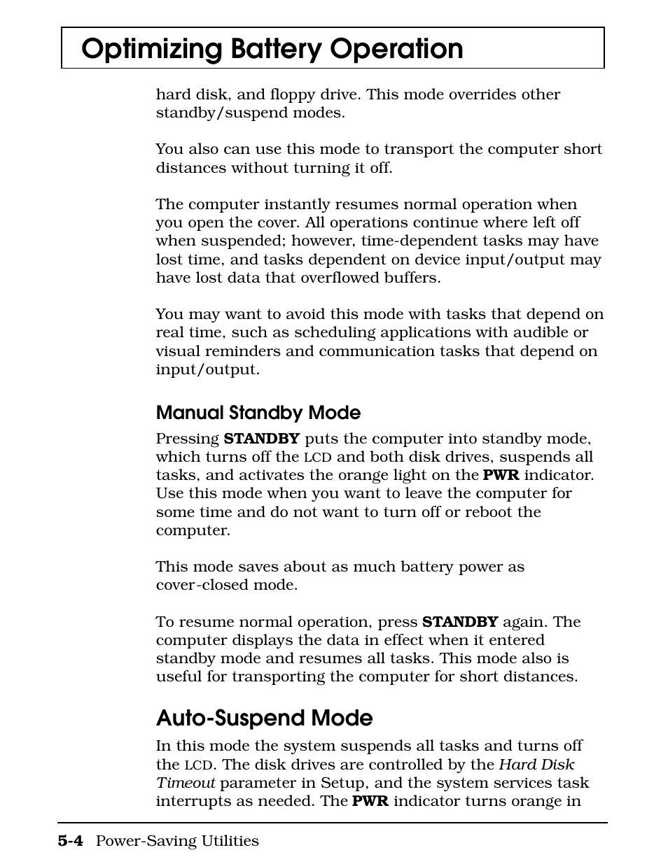Auto-suspend mode, Optimizing battery operation, Manual standby mode | Texas Instruments 4000M User Manual | Page 97 / 295