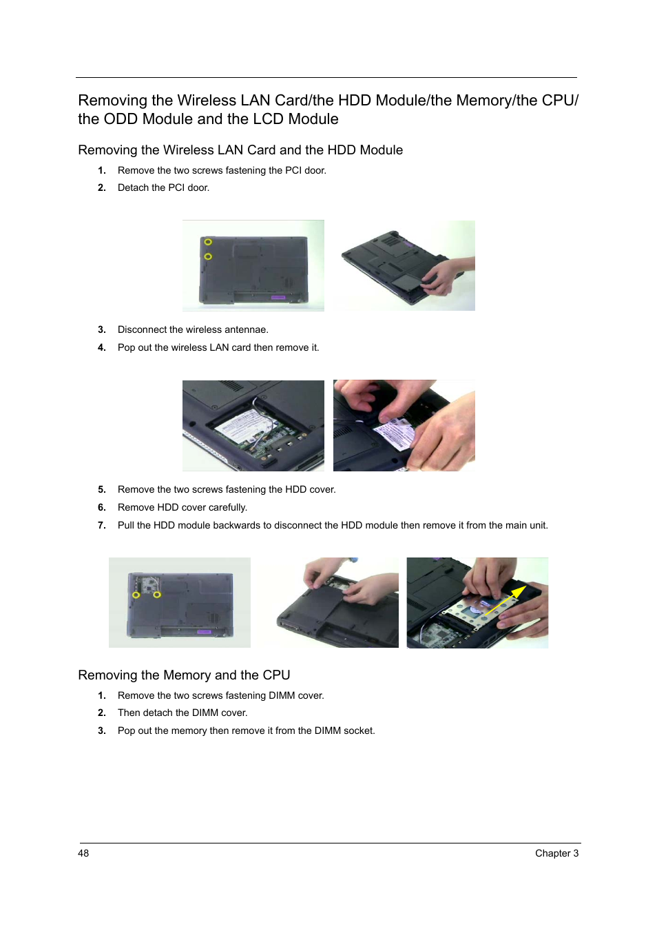 Removing the wireless lan card and the hdd module, Removing the memory and the cpu | Acer 3220 User Manual | Page 55 / 100