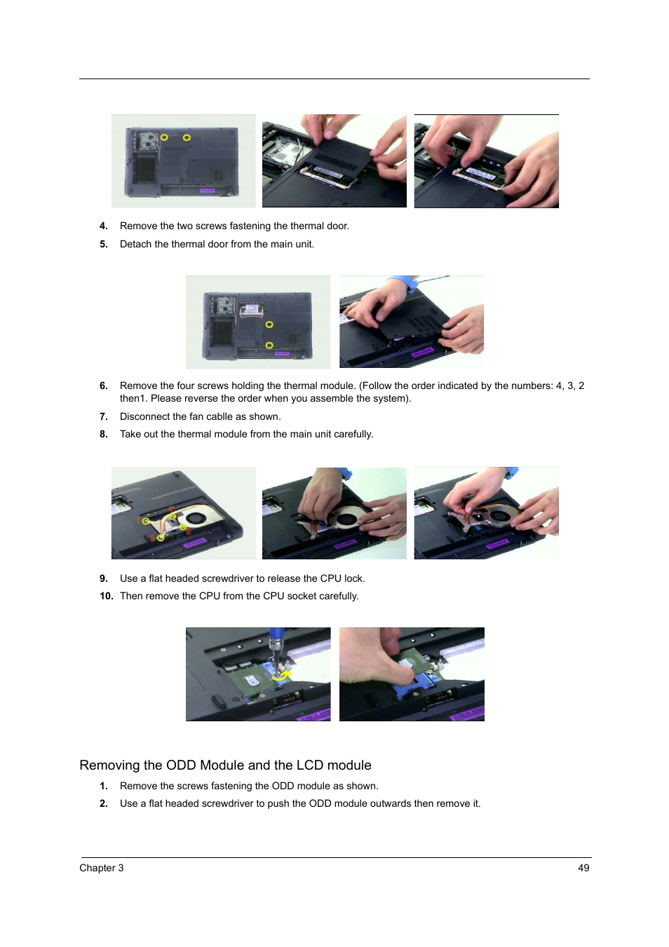 Removing the odd module and the lcd module | Acer 3220 User Manual | Page 56 / 100