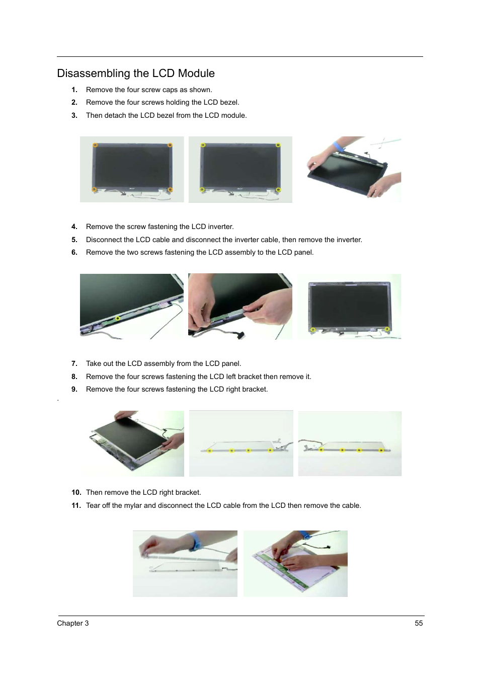 Disassembling the lcd module | Acer 3220 User Manual | Page 62 / 100