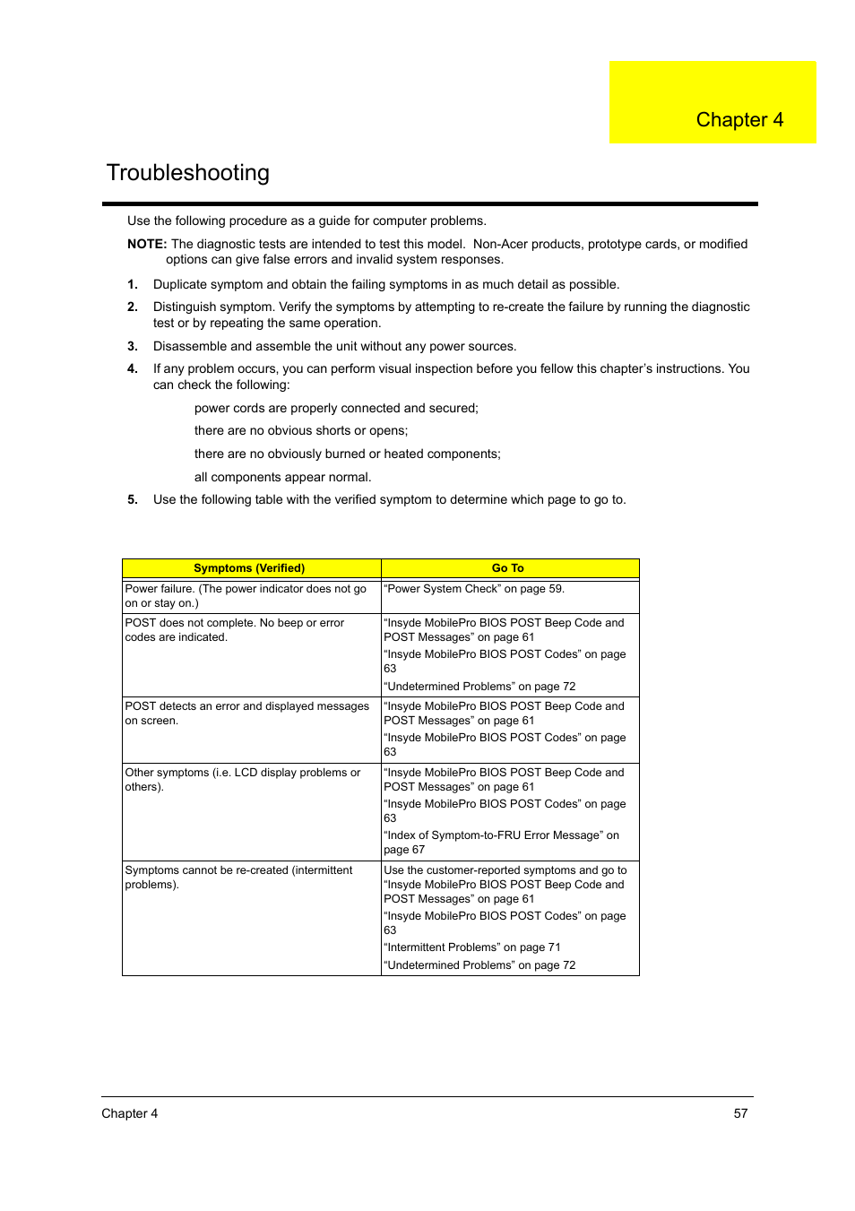 Ch.4 troubleshooting, Troubleshooting, Chapter 4 | Acer 3220 User Manual | Page 64 / 100