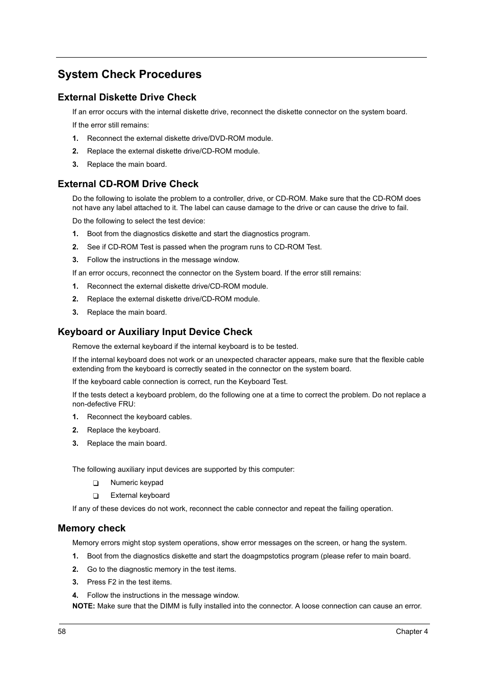 System check procedures, External diskette drive check, External cd-rom drive check | Keyboard or auxiliary input device check, Memory check | Acer 3220 User Manual | Page 65 / 100