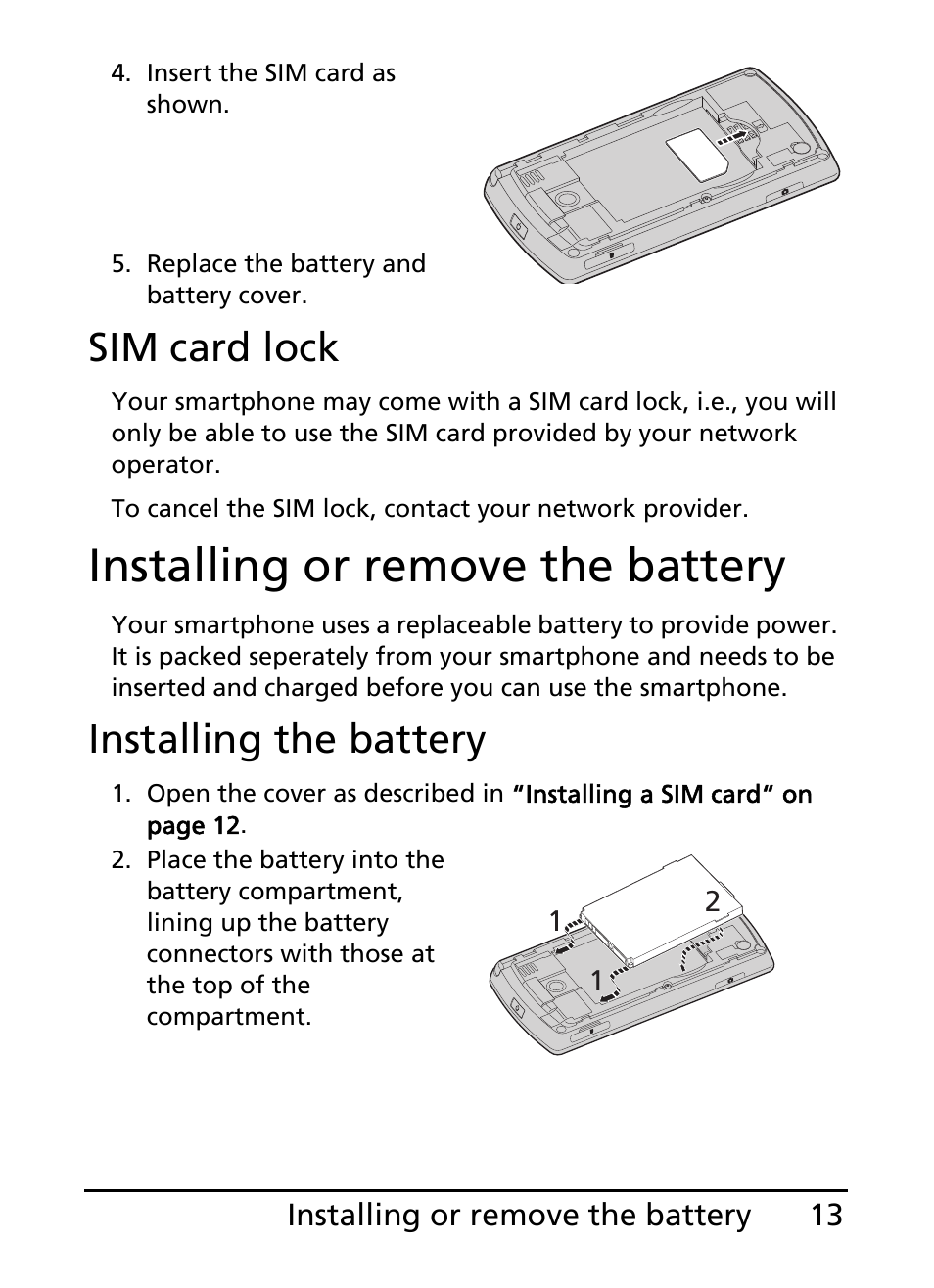 Installing or remove the battery, Sim card lock, Installing the battery | Acer E101 User Manual | Page 13 / 90