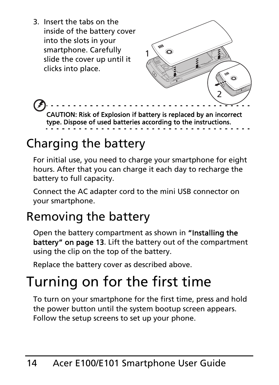 Turning on for the first time, Charging the battery, Removing the battery | Acer E101 User Manual | Page 14 / 90