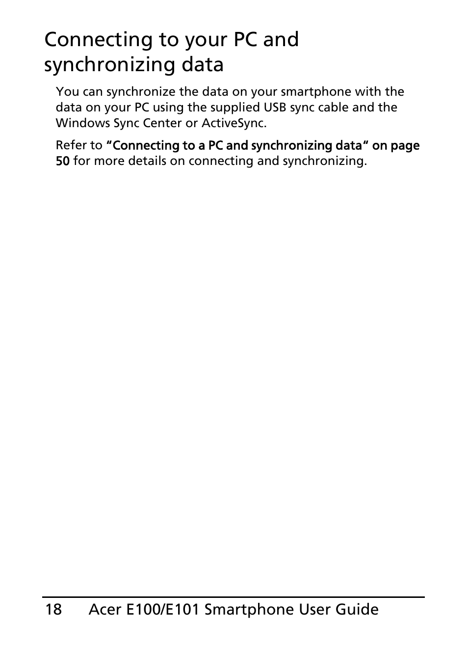 Connecting to your pc and synchronizing data | Acer E101 User Manual | Page 18 / 90
