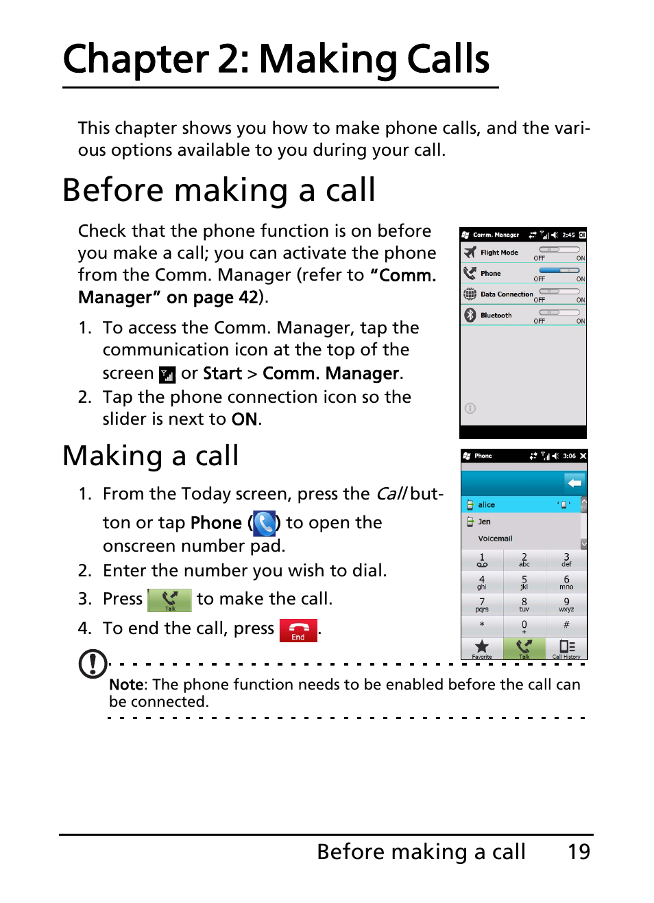 Before making a call, Chapter 2: making calls, Making a call | Acer E101 User Manual | Page 19 / 90