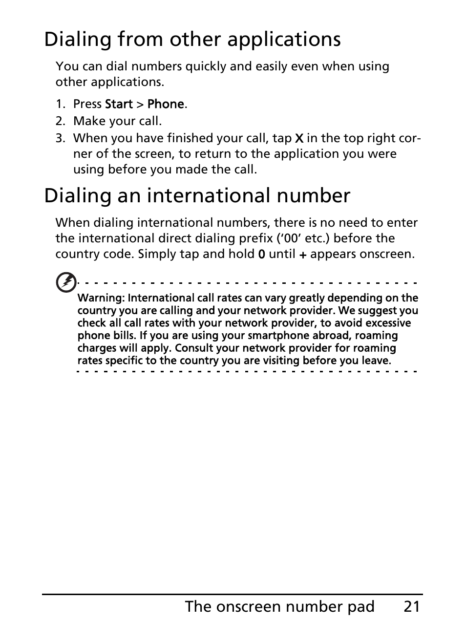 Dialing from other applications, Dialing an international number, 21 the onscreen number pad | Acer E101 User Manual | Page 21 / 90