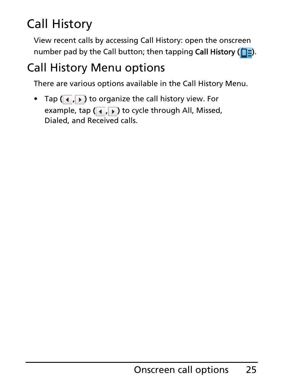 Call history, Call history menu options | Acer E101 User Manual | Page 25 / 90