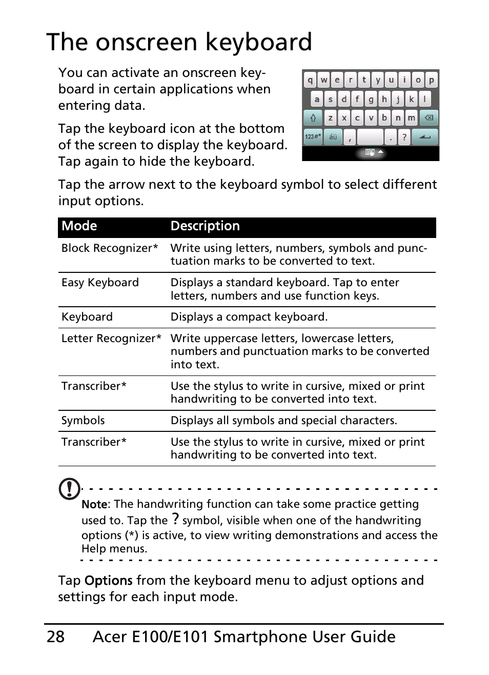 The onscreen keyboard | Acer E101 User Manual | Page 28 / 90