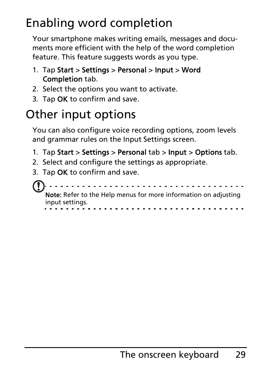 Enabling word completion, Other input options | Acer E101 User Manual | Page 29 / 90