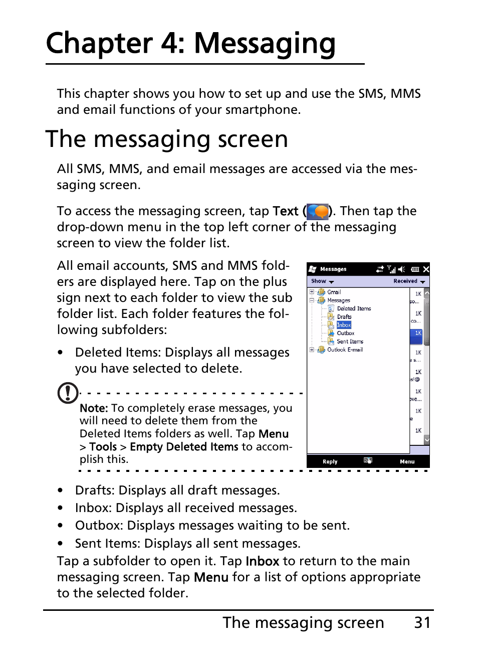 The messaging screen, Chapter 4: messaging | Acer E101 User Manual | Page 31 / 90