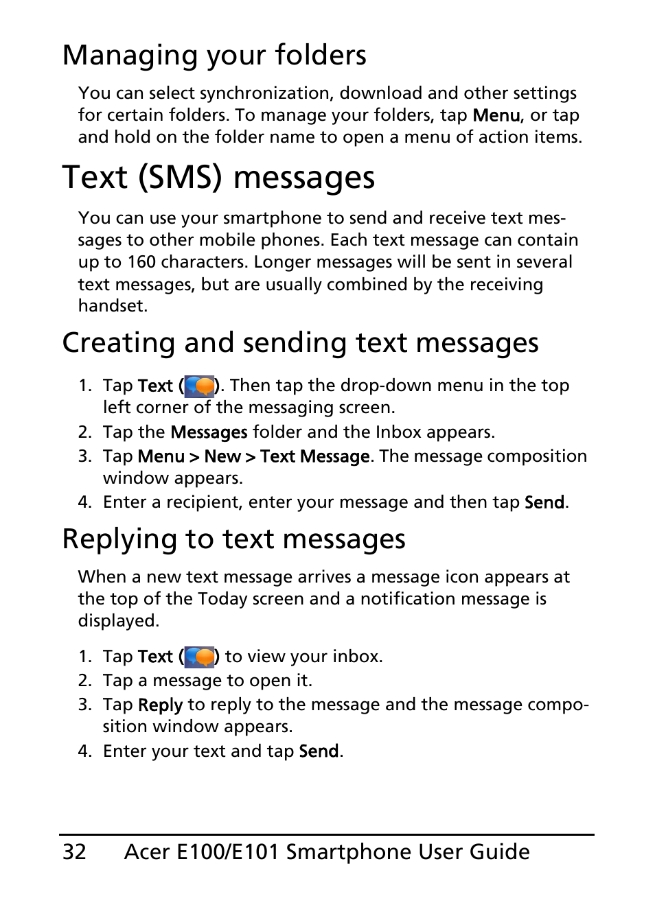Text (sms) messages, Managing your folders, Creating and sending text messages | Replying to text messages | Acer E101 User Manual | Page 32 / 90