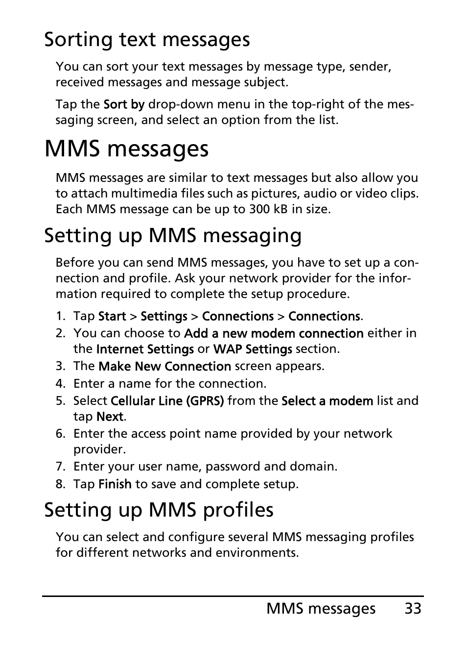 Mms messages, Sorting text messages, Setting up mms messaging | Setting up mms profiles | Acer E101 User Manual | Page 33 / 90