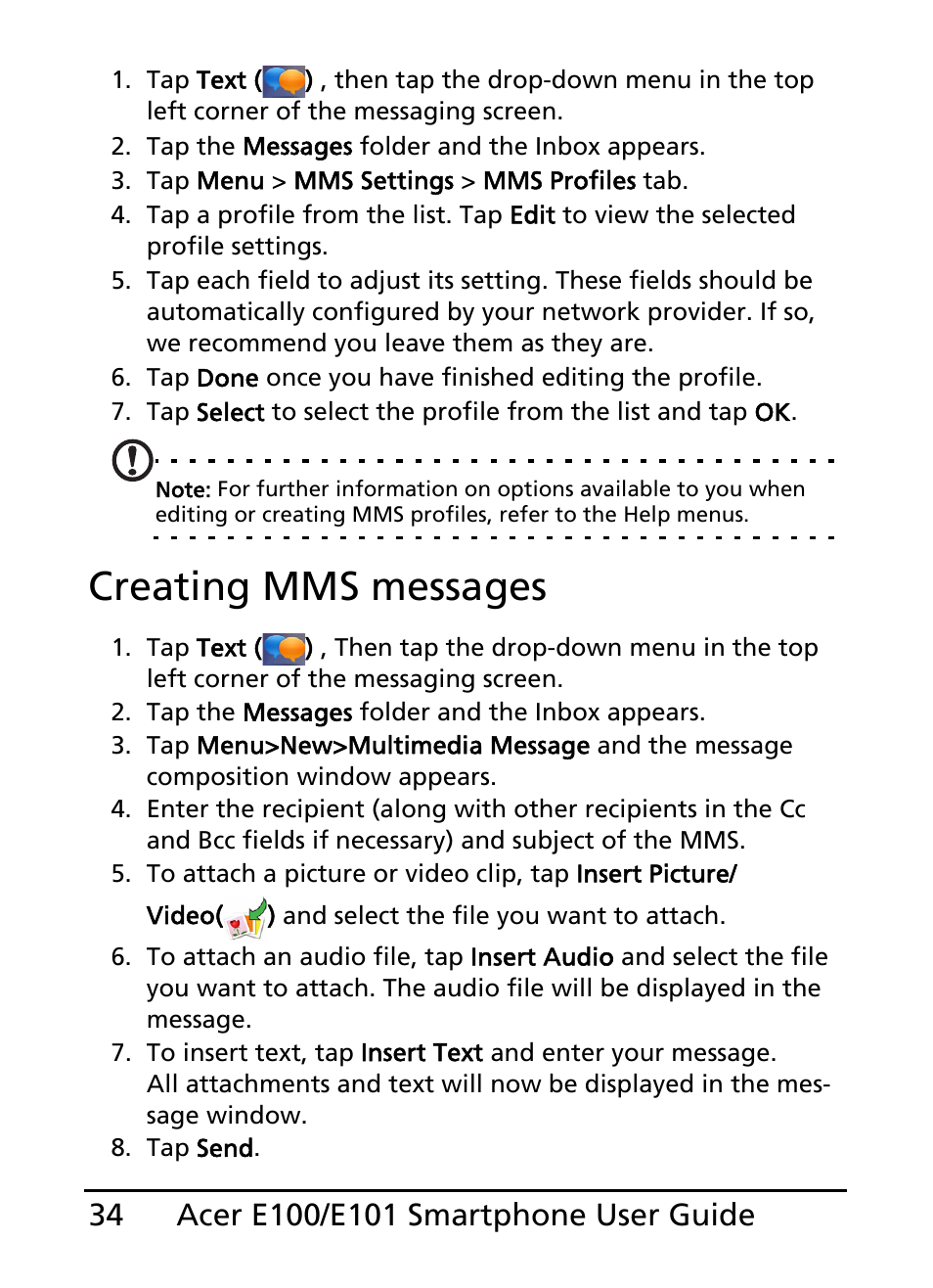 Creating mms messages | Acer E101 User Manual | Page 34 / 90