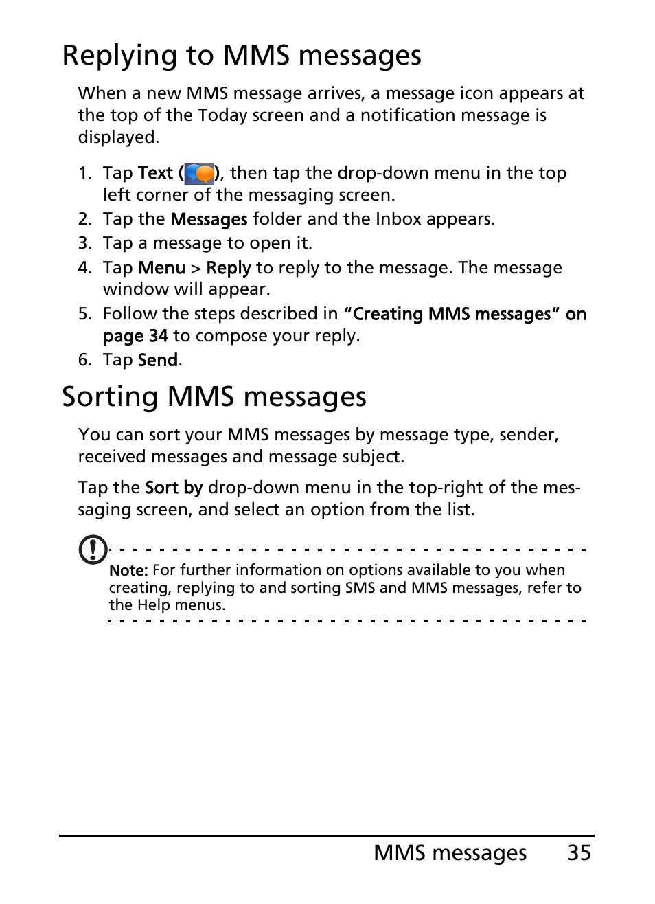 Replying to mms messages, Sorting mms messages, 35 mms messages | Acer E101 User Manual | Page 35 / 90