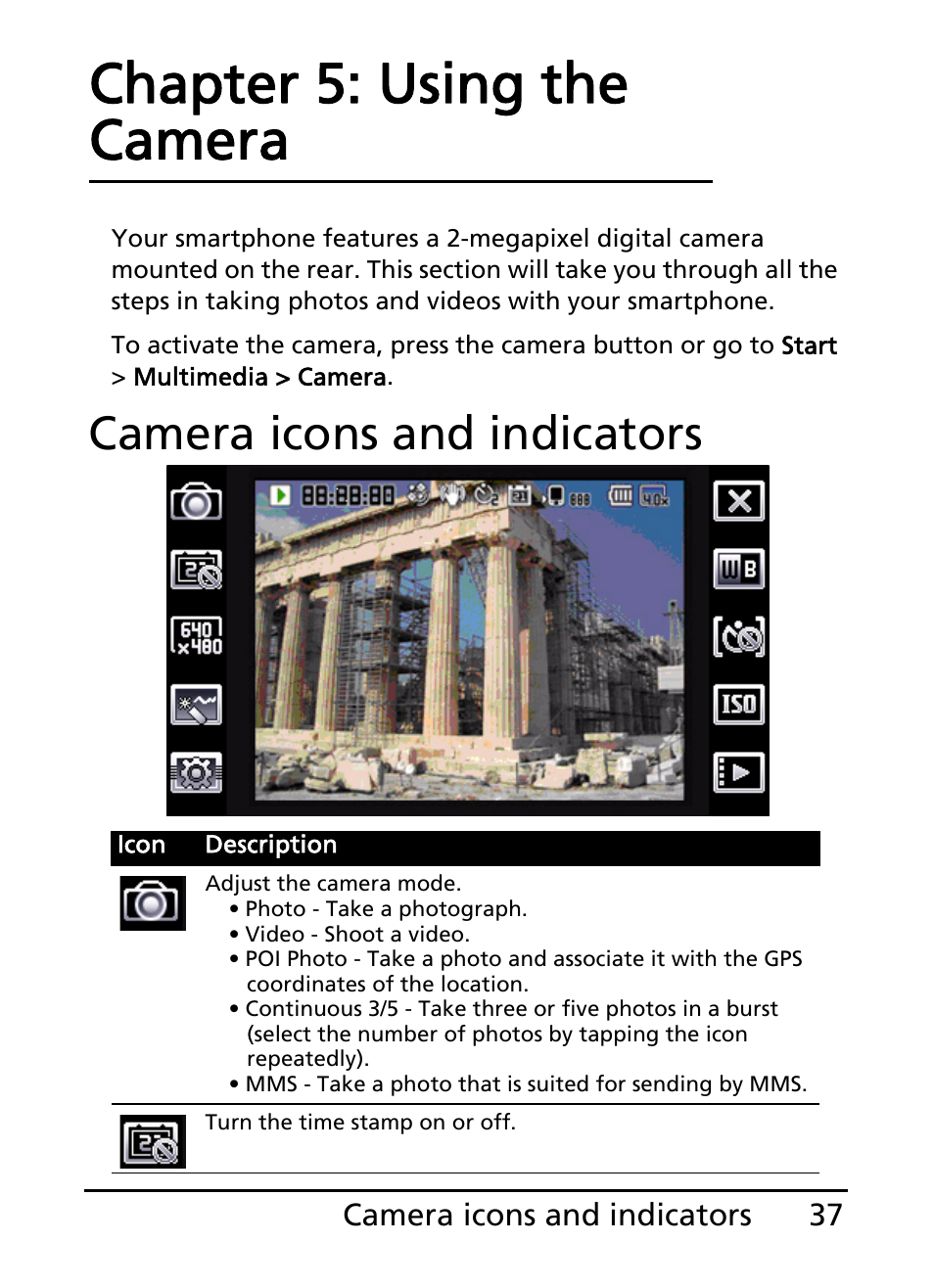 Camera icons and indicators, Chapter 5: using the camera | Acer E101 User Manual | Page 37 / 90