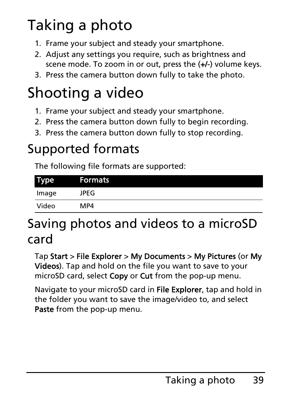 Taking a photo, Shooting a video, Taking a photo shooting a video | Supported formats, Saving photos and videos to a microsd card | Acer E101 User Manual | Page 39 / 90